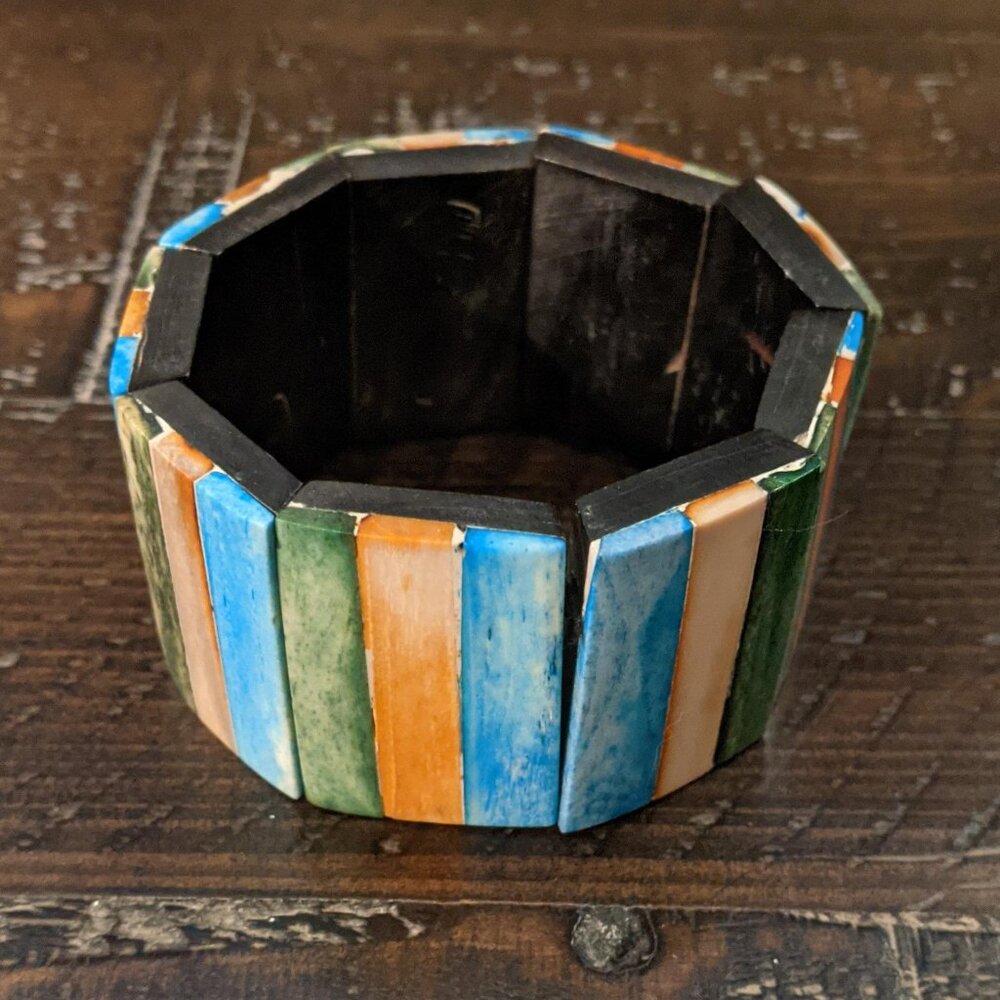 Vintage Boho Painted Wood Segment Stretch Bracelet Multicolour Artsy Artisan